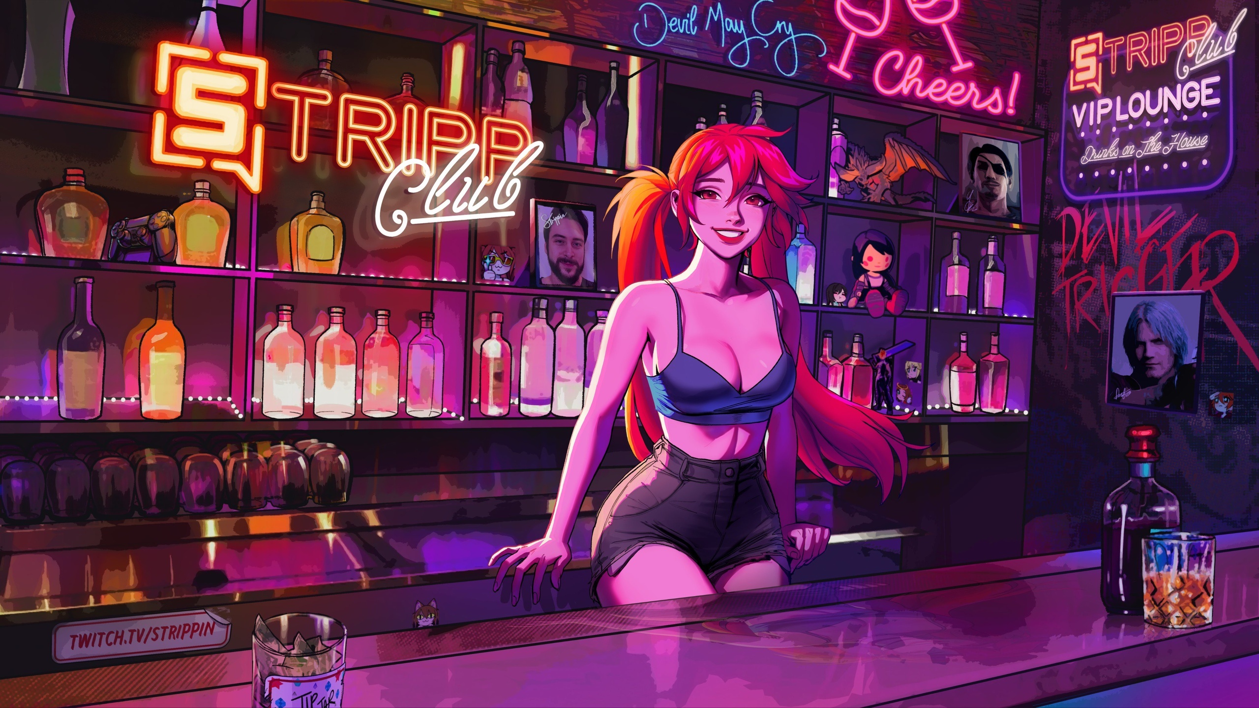 Голый бар с рыжей девушкой на стойке