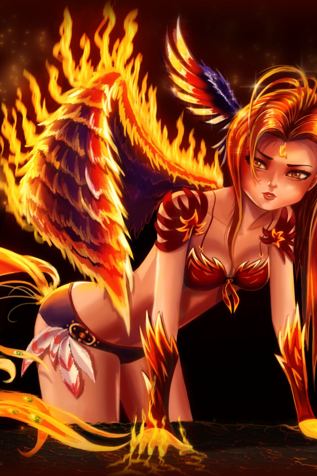 девушка, феникс, жар-птица, огненные крылья. 