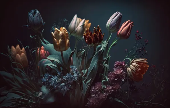 Картинка листья, цветы, dark, тюльпаны, натюрморт, flowers, background, leaves, tulips, still life, композиция, composition, floral, цветочная