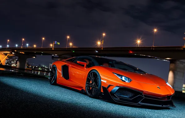 Картинка Lamborghini, Orange, Bridge, Lights, Night, Aventador, VAG