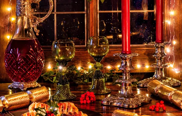 Картинка ягоды, вино, свечи, бокалы, окно, Рождество, пирожное, выпечка, графин