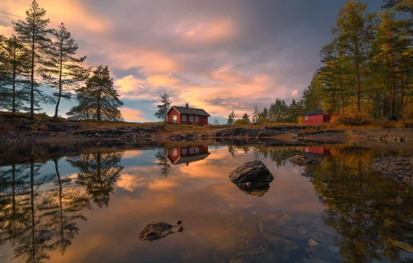 Картинка деревья, закат, озеро, отражение, камни, Норвегия, домики, Norway, Рингерике, Ringerike