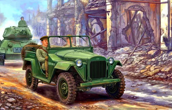 Картинка солдаты, СССР, Военный, Т-34-85, Красная Армия, полноприводный, легковой автомобиль, ГАЗ-67Б