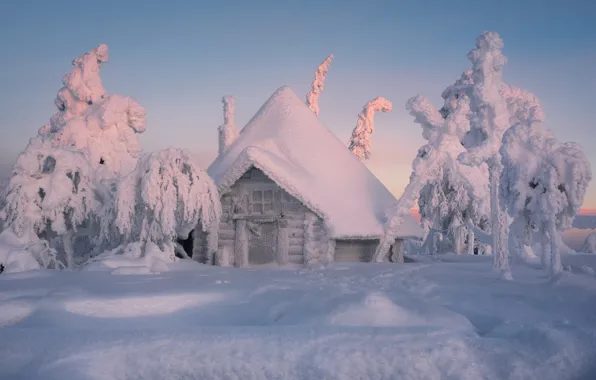 Картинка зима, снег, деревья, избушка, сугробы, домик, Финляндия, Лапландия, зимняя сказка