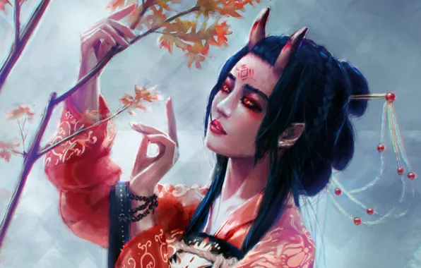 Картинка взгляд, дерево, япония, фэнтези, арт, рога, кимоно, демоница, рожки