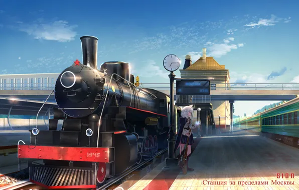 Картинка девушка, часы, поезд, паровоз, станция