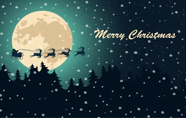 Картинка Зима, Ночь, Луна, Рождество, Новый год, Санта Клаус, Олени, Merry Christmas, Ёлки, Сани, Развозит подарки