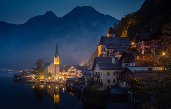 Картинка горы, ночь, озеро, башня, дома, Австрия, городок, Hallstatt, Гальштат, община