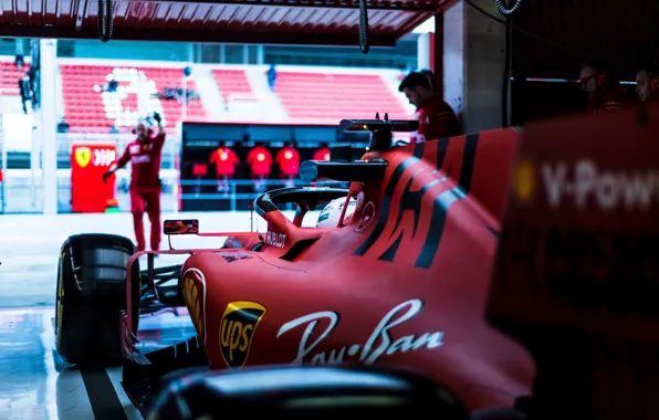 Картинка car, Ferrari, sport, box, Formula 1, tyres, men, Sebastian Vettel, SF90, Ferrari SF90