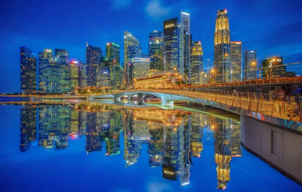 Картинка мост, отражение, здания, дома, залив, Сингапур, ночной город, небоскрёбы, Singapore, Marina Bay, Марина-Бэй, Jubilee Bridge, …