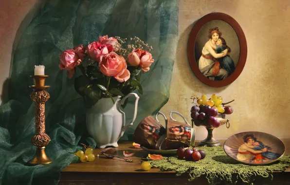 Картинка цветы, портрет, розы, свеча, тарелка, виноград, чашки, ткань, кувшин, фрукты, натюрморт, салфетка, вазочка, Валентина Колова