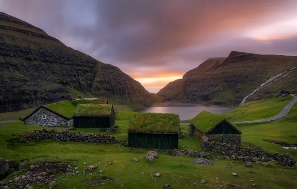 Картинка горы, домики, Faroe Islands, Saksun