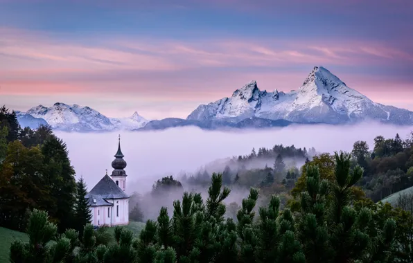 Картинка пейзаж, горы, природа, туман, утро, Германия, Бавария, Альпы, церковь, леса, Berchtesgaden, Берхтесгаден, Вацманн