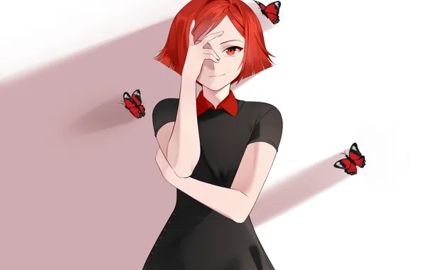 Картинка взгляд, девушка, бабочки, аниме, арт, красные волосы, Sunnypoppy
