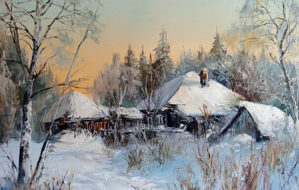 Картинка зима, масло, картина, живопись, холст, Зимний пейзаж, деревенский пейзаж, художник Александр Леднев