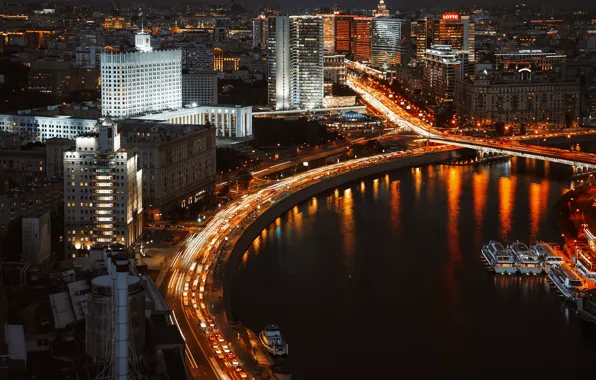 Картинка ночь, мост, город, река, здания, дороги, дома, освещение, Москва, центр, Дом Правительства