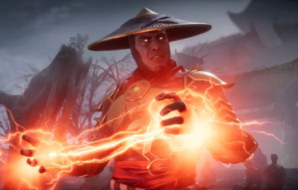 Картинка red, game, lightning, fighting, Raiden, god of thunder, screenshot, NetherRealm Studios, 2019, Mortal Kombat 11