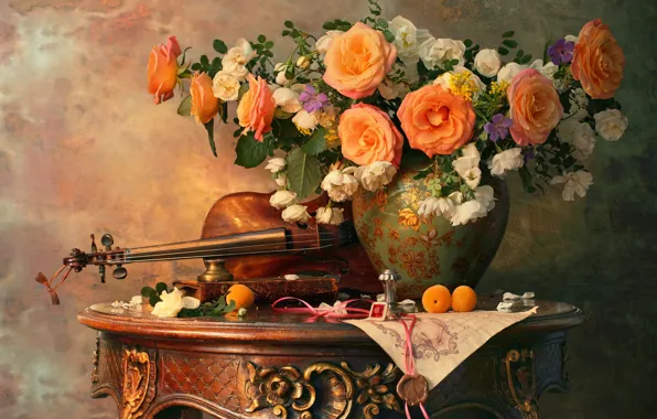Картинка цветы, стиль, скрипка, розы, букет, ваза, натюрморт, абрикосы, Андрей Морозов