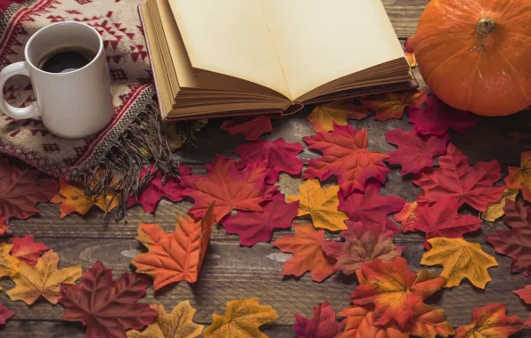 Картинка осень, листья, цветы, фон, дерево, кофе, colorful, чашка, книга, wood, background, autumn, leaves, cup, coffee, …