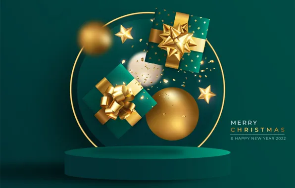 Картинка шарики, шары, Рождество, подарки, Новый год, звёздочки, зелёный фон