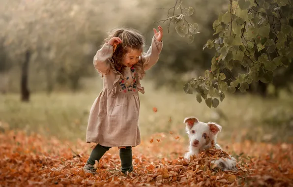 Картинка осень, листья, радость, девочка, щенок