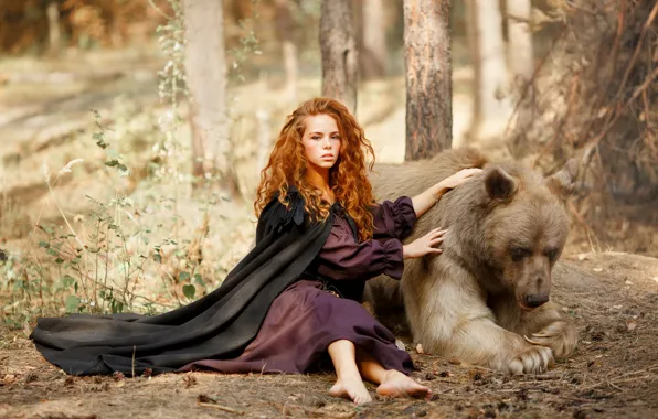 Картинка взгляд, девушка, поза, медведь, рыжая, кудри, рыжеволосая, топтыгин, Светлана Никотина