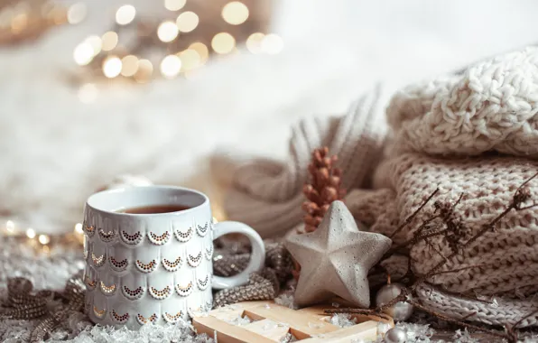 Картинка зима, украшения, Рождество, Новый год, new year, Christmas, винтаж, winter, свитер, bokeh, coffee cup, decoration, …