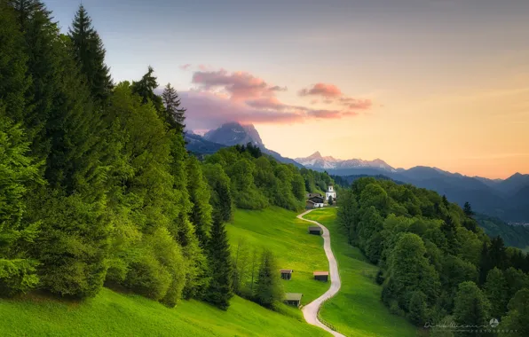 Картинка дорога, пейзаж, горы, природа, Германия, Бавария, Альпы, церковь, леса, луга