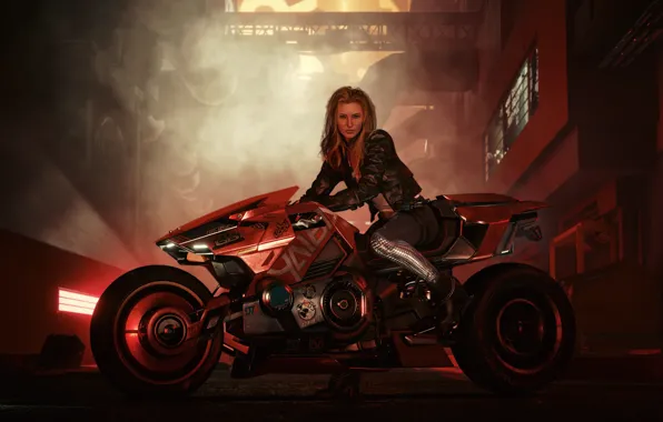 Картинка girl, bike, art, rider, blonde, Cyberpunk 2077, biker