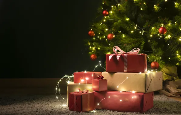 Картинка украшения, lights, елка, Рождество, подарки, Новый год, christmas, wood, винтаж, decoration, gift box