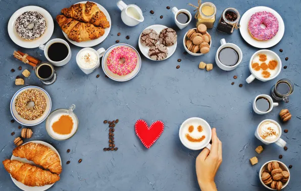 Картинка кофе, печенье, сладости, пончики, love, I love you, heart, выпечка, cup, sweet, coffee, круассаны, croissant, …