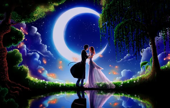 Картинка небо, мечта, девушка, звезды, деревья, ночь, зеленая трава, встреча, месяц, принц, парень, влюбленные, свидание, принцесса, …