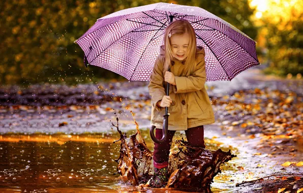 Картинка осень, радость, брызги, природа, зонт, лужа, грязь, девочка, ребёнок, Anna Sapegina