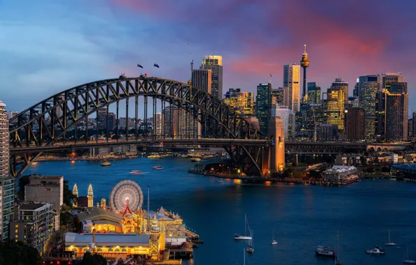 Картинка мост, город, здания, дома, бухта, вечер, освещение, Австралия, залив, Сидней, небоскрёбы, Харбор-Бридж