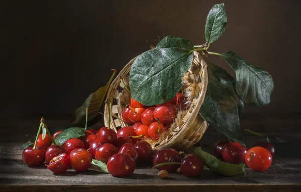 Картинка листья, вишня, ягоды, натюрморт, корзинка, Владимир Володин