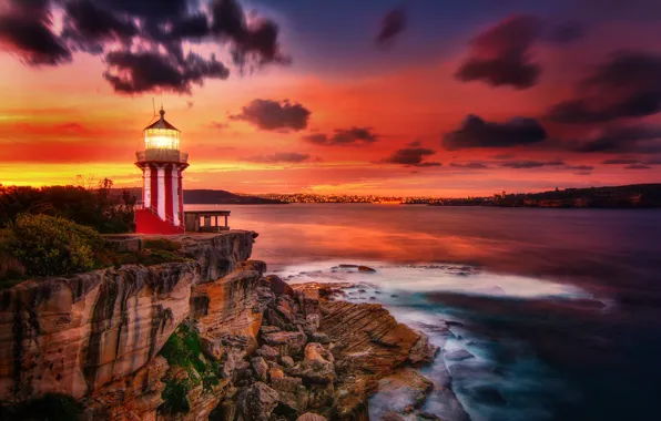Картинка море, закат, скала, маяк, Австралия, Australia, New South Wales, Новый Южный Уэльс, Hornby Lighthouse, Залива …
