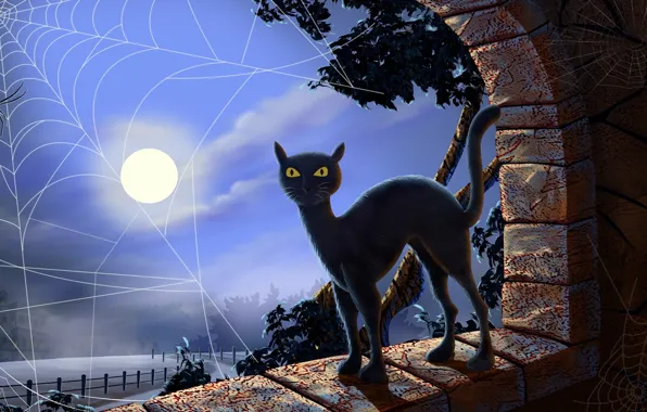 Картинка ночь, паутина, полнолуние, черный кот, желтые глаза, черная магия