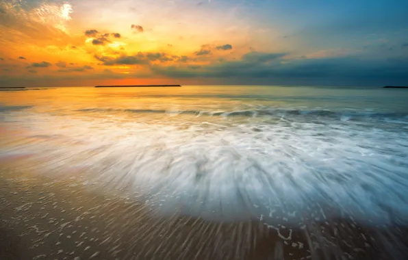 Картинка песок, море, волны, пляж, лето, небо, закат, берег, summer, beach, sea, sunset, blue, seascape, sand, …