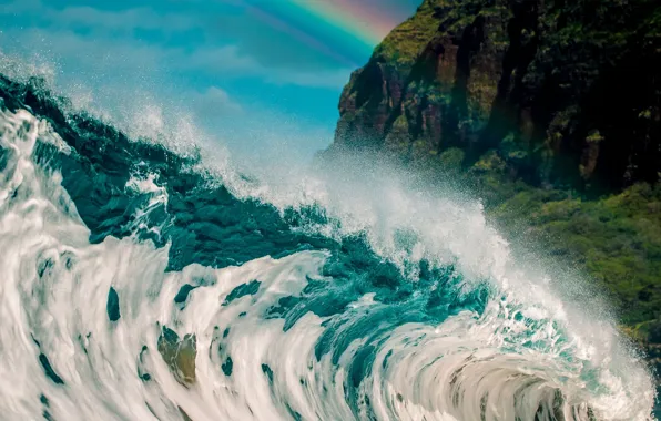 Картинка море, горы, природа, океан, волна, радуга, Гавайи