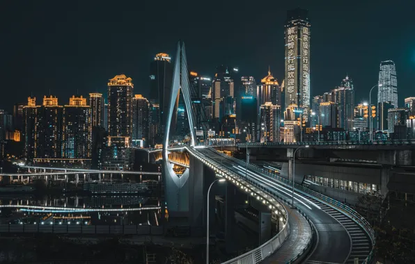 Картинка city, lights, China, bridge, night, Asia, Chongqing