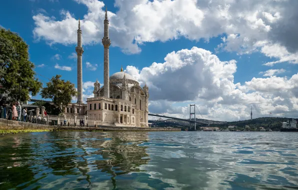 Картинка облака, мост, пролив, мечеть, Стамбул, Турция, Istanbul, Turkey, Bosphorus Bridge, Босфорский мост, Ortaköy Mosque, Пролив …