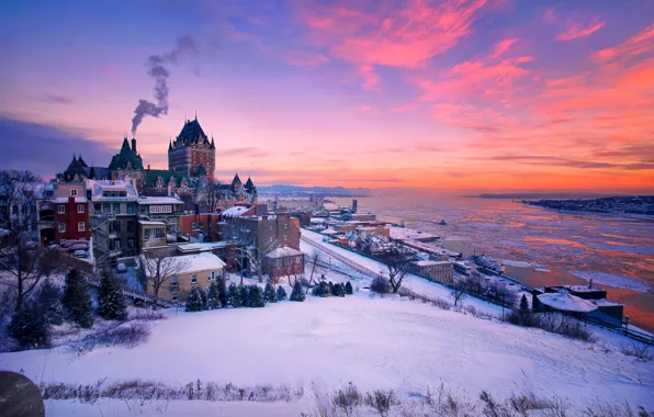 Картинка зима, снег, закат, река, здания, дома, Канада, Canada, Quebec, Квебек, Saint Lawrence River, Река Святого …