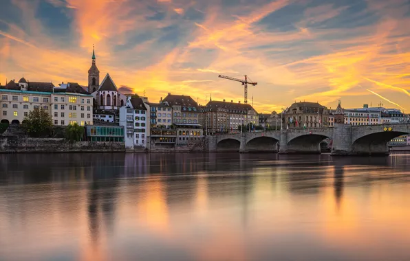 Картинка закат, мост, река, здания, дома, Швейцария, Switzerland, Basel, Базель, Rhine River, Река Рейн, Middle Bridge