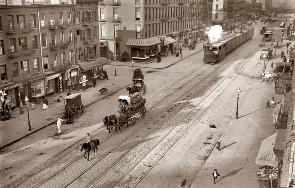 Картинка ретро, улица, рельсы, поезд, повозка, США, Нью- Йорк