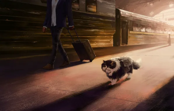 Картинка кот, вокзал, поезд, художник, перон, Эндрю Пальянов, путешествие кота, выгоны