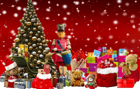 Картинка Рождество, Новый год, Подарки, Мишки, Красный фон, Рождественские подарки для детей, Рождественская ёлка