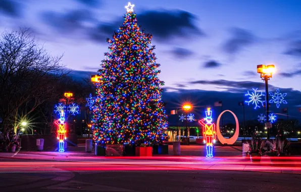 Картинка Рождество, фонари, Новый год, ёлка, декорация, Michigan, Бей-Сити, Bay City
