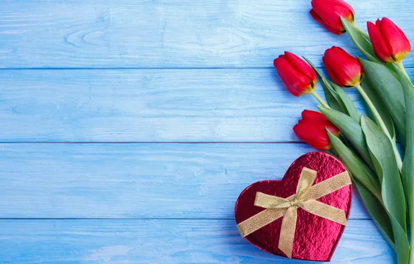 Картинка цветы, подарок, сердце, конфеты, тюльпаны, красные, red, heart, flowers, romantic, tulips, chocolate, valentine's day, gift …