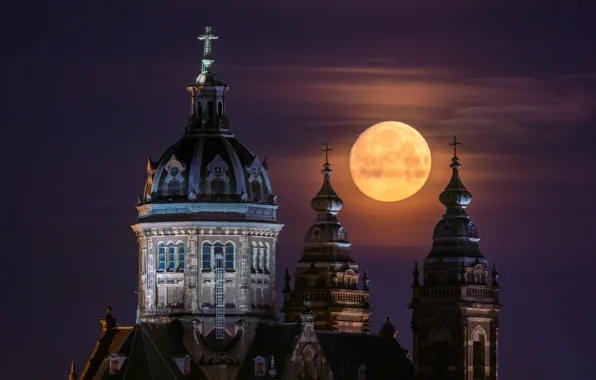 Картинка ночь, луна, Амстердам, церковь, Нидерланды, купол, Amsterdam, Netherlands, базилика, Церковь Святого Николая, Basilica of Saint …