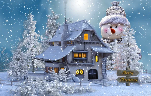 Картинка зима, снег, деревья, Рождество, снеговик, рождественский мотив